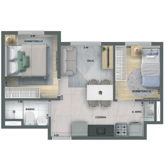 Planta 2 Dormitórios 32m² Urban Vila Guilherme Cury