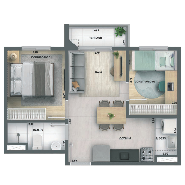 Planta 2 Dormitórios 36m² com Varanda Urban Vila Guilherme Cury