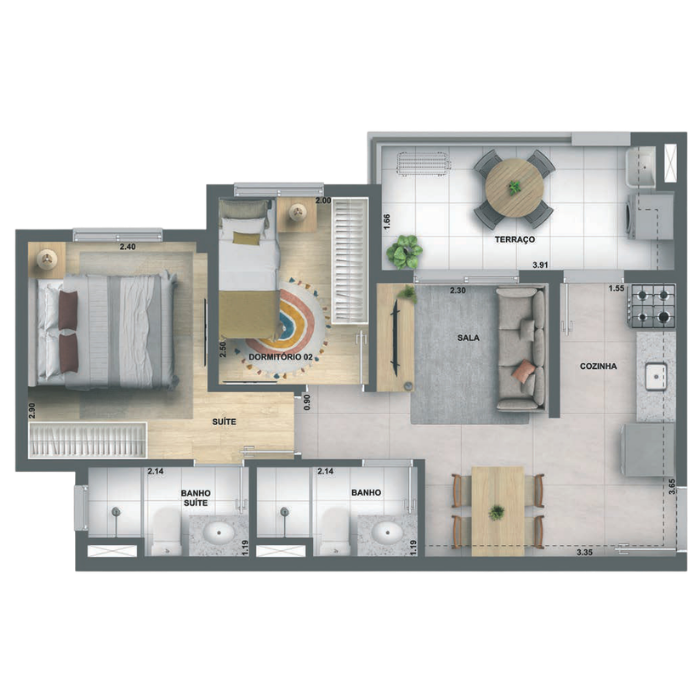Planta 2 Dormitórios com Suíte 44m² Urban Vila Guilherme Cury